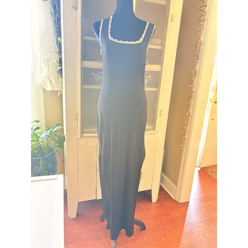 Charlotte Russe Ribbed Lace Trim Maxi Dress Side Slit M Coquette Grunge Y2K Goth